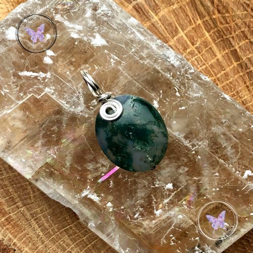 Moss Agate Oval Silver Swirl Pendant